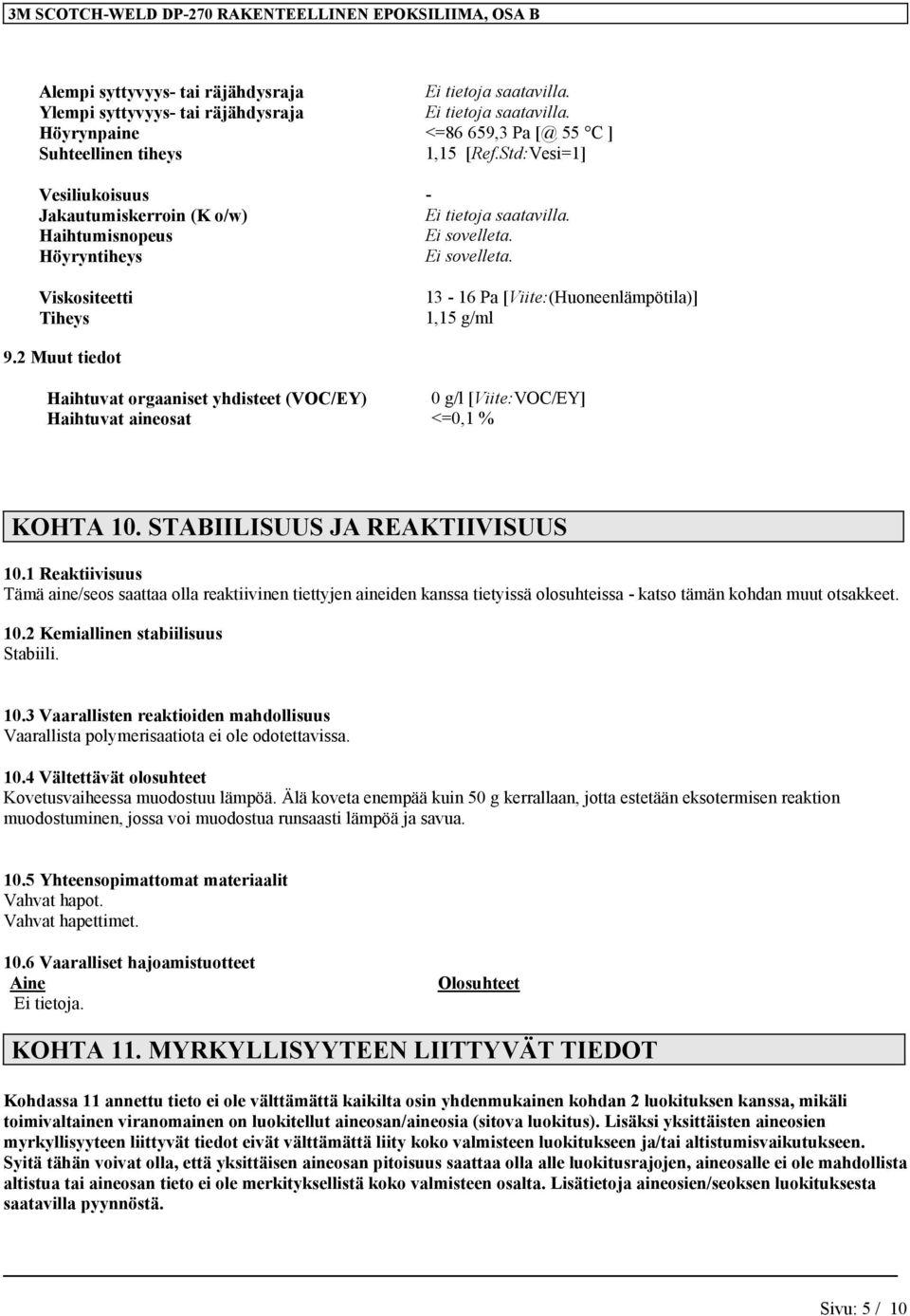 2 Muut tiedot Haihtuvat orgaaniset yhdisteet (VOC/EY) 0 g/l [Viite:VOC/EY] Haihtuvat aineosat <=0,1 % KOHTA 10. STABIILISUUS JA REAKTIIVISUUS 10.