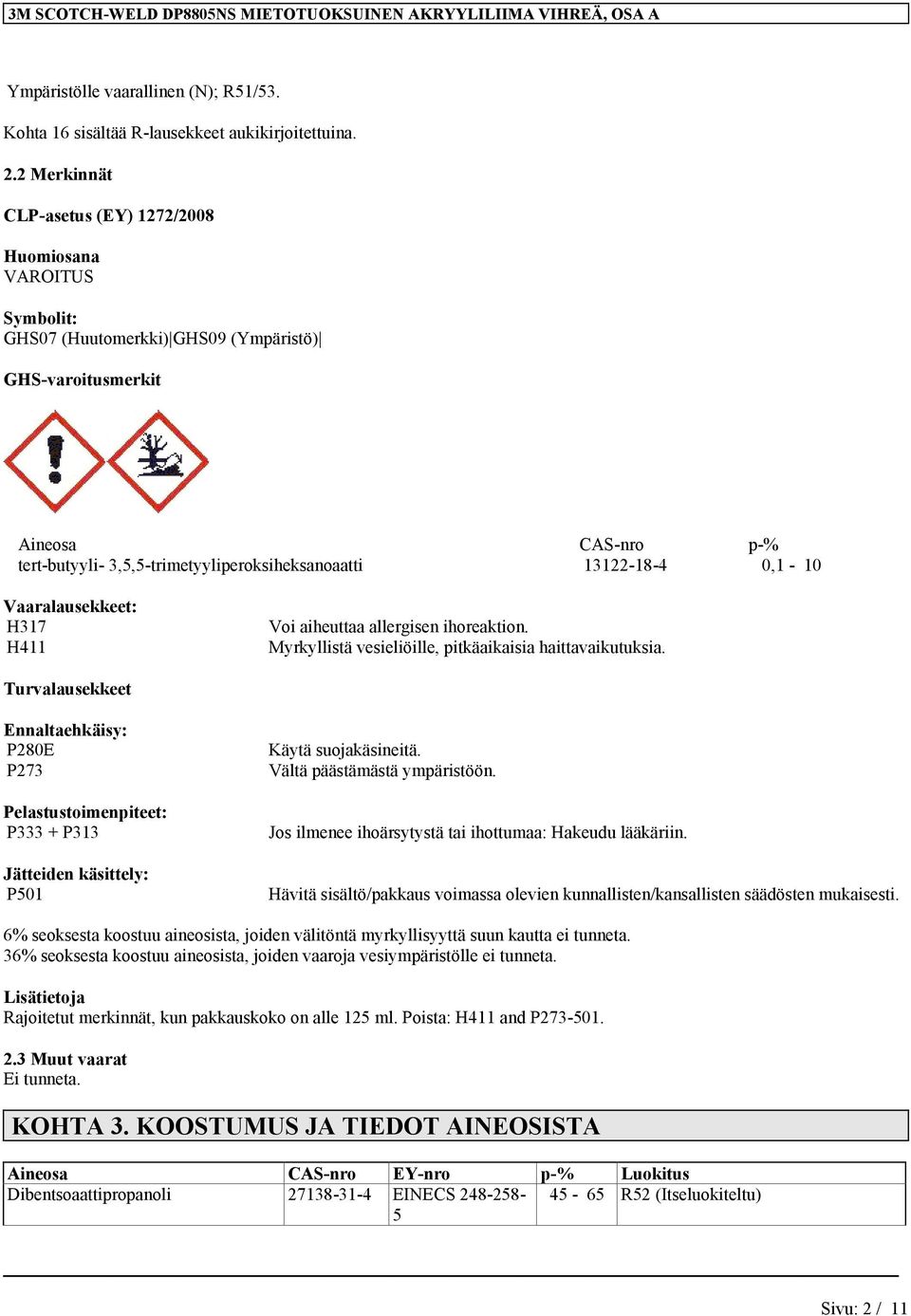 13122-18-4 0,1-10 Vaaralausekkeet: H317 H411 Voi aiheuttaa allergisen ihoreaktion. Myrkyllistä vesieliöille, pitkäaikaisia haittavaikutuksia.