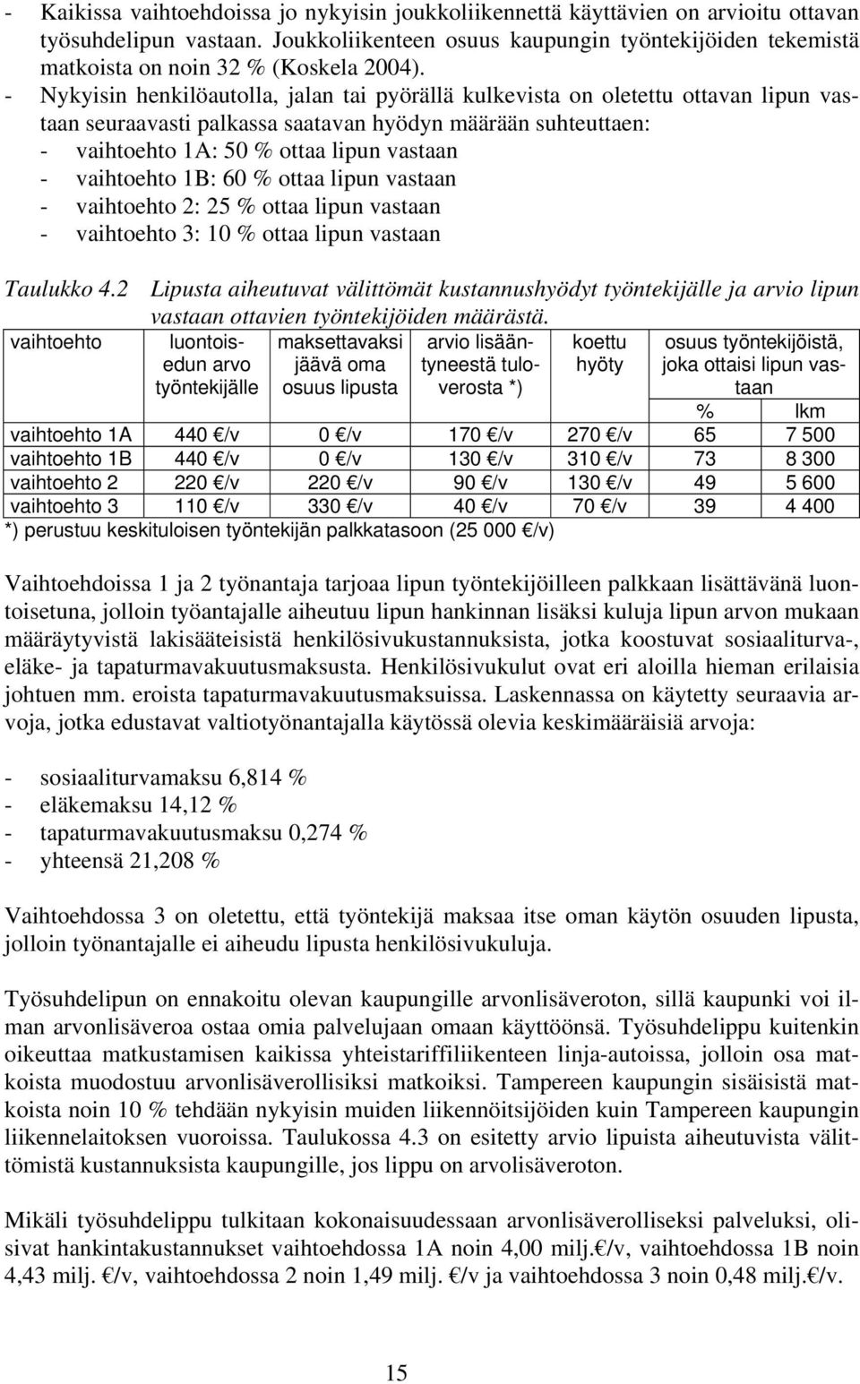 - Nykyisin henkilöautolla, jalan tai pyörällä kulkevista on oletettu ottavan lipun vastaan seuraavasti palkassa saatavan hyödyn määrään suhteuttaen: - vaihtoehto 1A: 50 % ottaa lipun vastaan -
