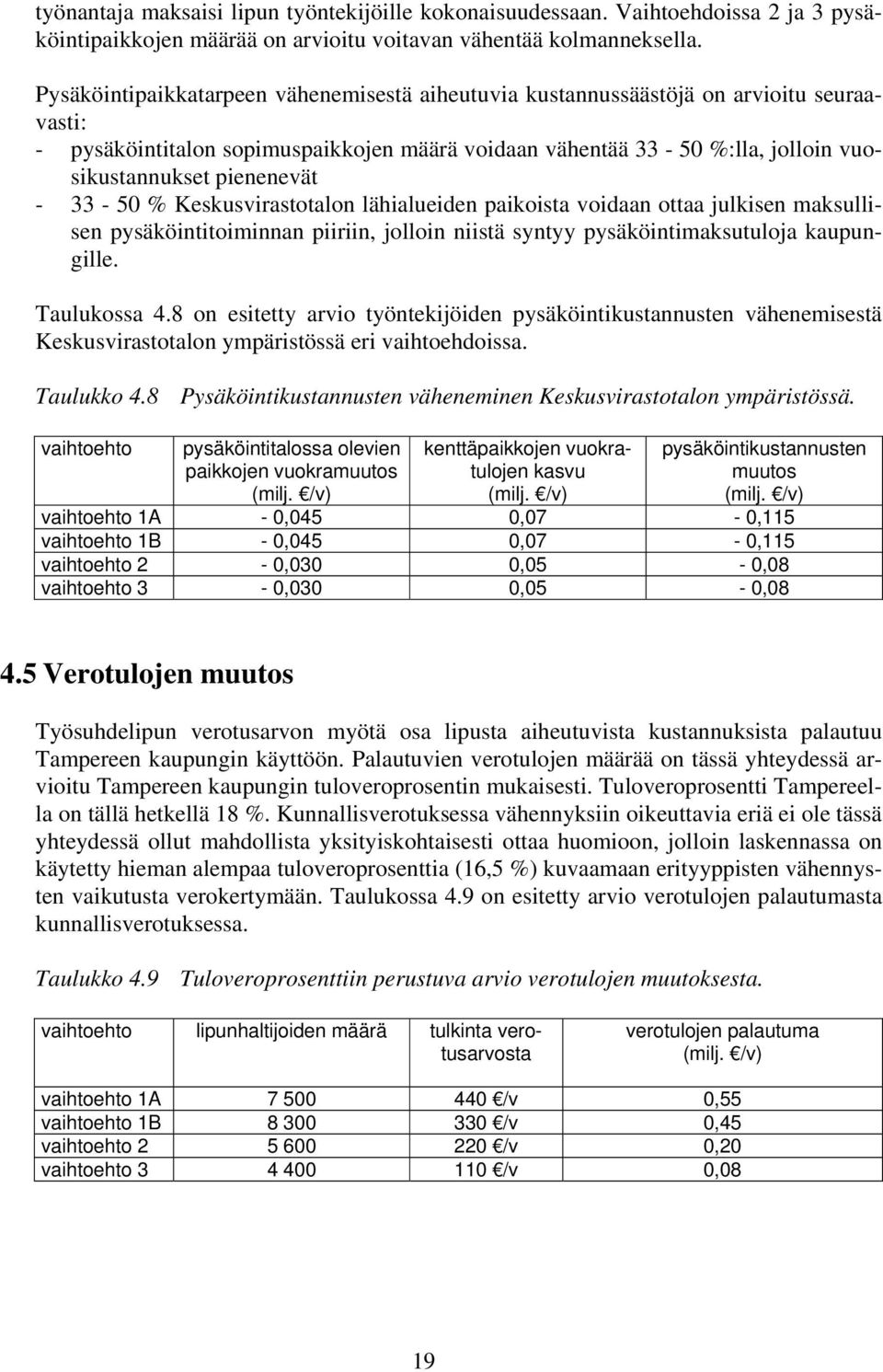 - 33-50 % Keskusvirastotalon lähialueiden paikoista voidaan ottaa julkisen maksullisen pysäköintitoiminnan piiriin, jolloin niistä syntyy pysäköintimaksutuloja kaupungille. Taulukossa 4.