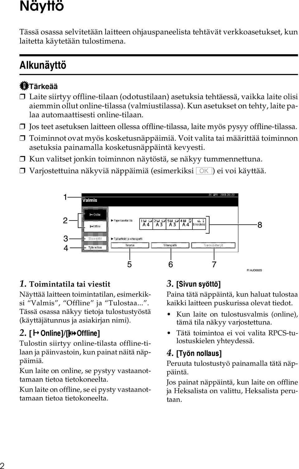 Kun asetukset on tehty, laite palaa automaattisesti online-tilaan. Jos teet asetuksen laitteen ollessa offline-tilassa, laite myös pysyy offline-tilassa. Toiminnot ovat myös kosketusnäppäimiä.