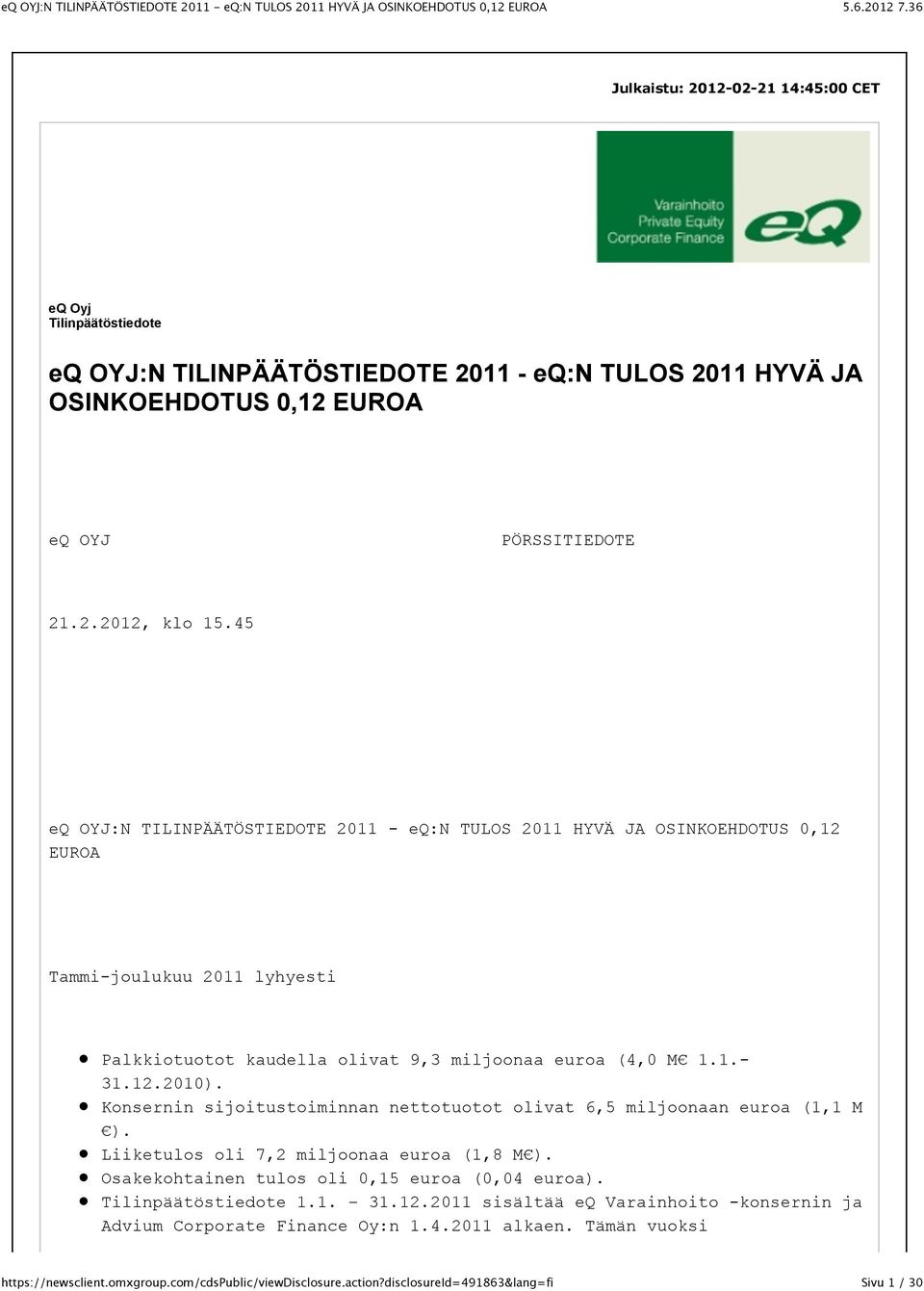 1.1.- 31.12.2010). Konsernin sijoitustoiminnan nettotuotot olivat 6,5 miljoonaan euroa (1,1 M ). Liiketulos oli 7,2 miljoonaa euroa (1,8 M ).