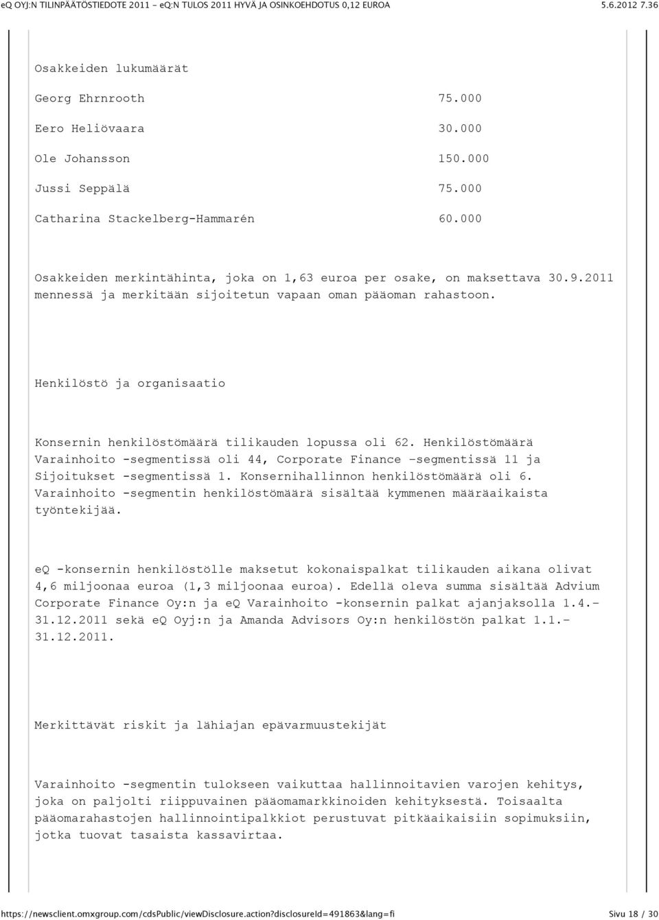 Henkilöstö ja organisaatio Konsernin henkilöstömäärä tilikauden lopussa oli 62. Henkilöstömäärä Varainhoito -segmentissä oli 44, Corporate Finance segmentissä 11 ja Sijoitukset -segmentissä 1.