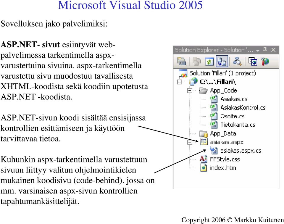 NET -koodista. ASP.NET-sivun koodi sisältää ensisijassa kontrollien esittämiseen ja käyttöön tarvittavaa tietoa.