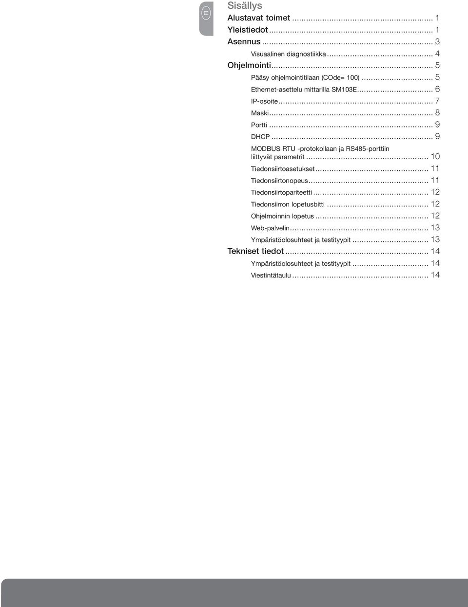.. liittyvät parametrit... 10 Tiedonsiirtoasetukset... 11 Tiedonsiirtonopeus... 11 Tiedonsiirtopariteetti... 12 Tiedonsiirron lopetusbitti.