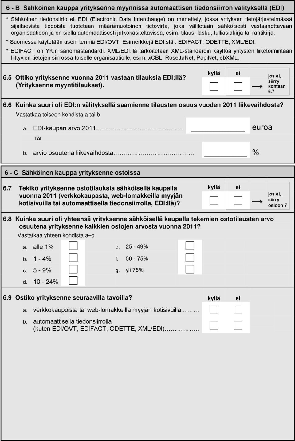 tilaus, lasku, tulliasiakirja tai rahtikirja. * Suomessa käytetään usn termiä EDI/OVT. Esimerkkejä EDI:stä : EDIFACT, ODETTE, XML/EDI. * EDIFACT on YK:n sanomastandardi.