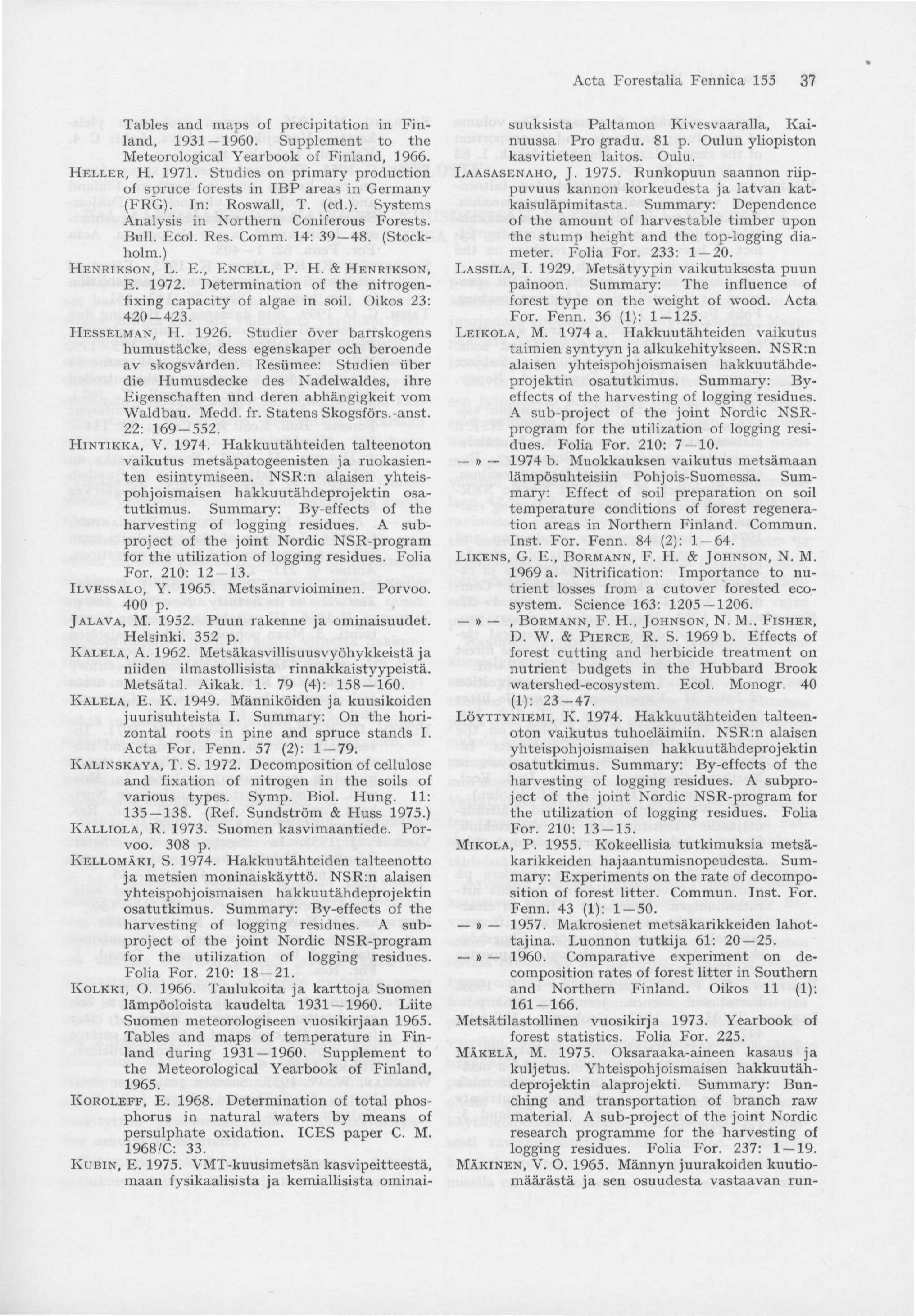 Acta Forestalia Fennica 155 37 Tables and maps of precipitation in Finland, 1931-1960. Supplement to the Meteorological Yearbook of Finland, 1966. HELLER, H. 1971.