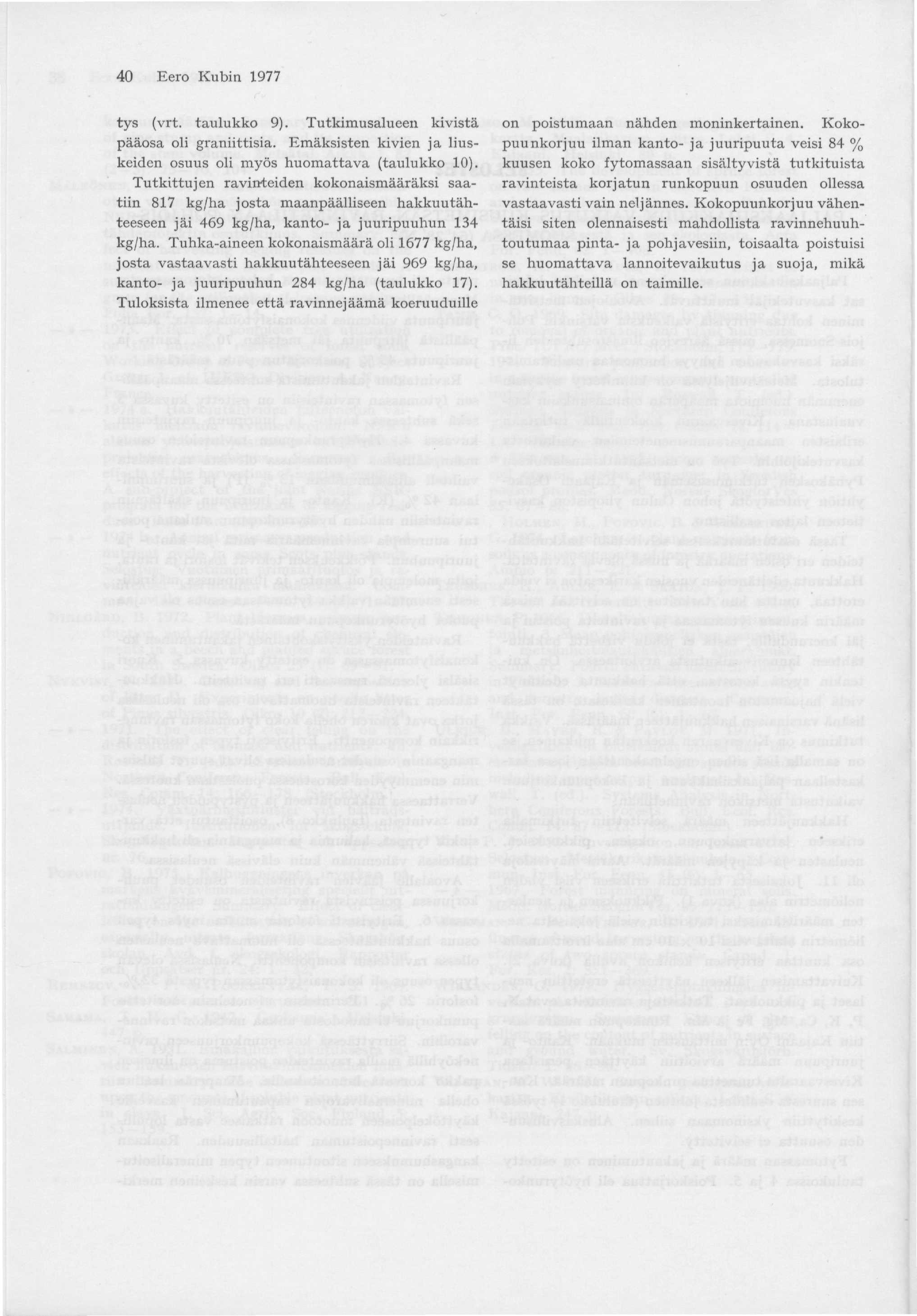 40 Eero Kubin 1977 tys (vrt. taulukko 9). Tutkimusalueen kivistä pääosa oli graniittisia. Emäksisten kivien ja liuskeiden osuus oli myös huomattava (taulukko 10).