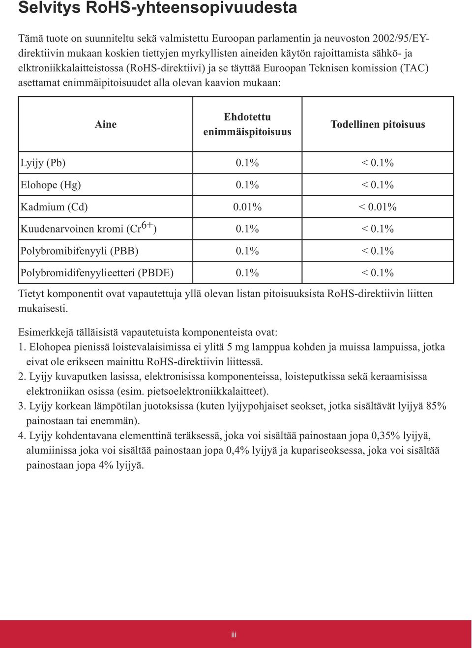 (Cr ) Polybromibifenyyli (PBB) Polybromidifenyylieetteri (PBDE) mukaisesti. Esimerkkejä tälläisistä vapautetuista komponenteista ovat: 1.