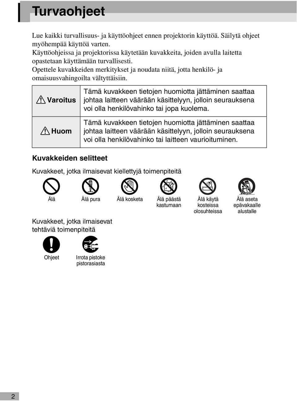 Opettele kuvakkeiden merkitykset ja noudata niitä, jotta henkilö- ja omaisuusvahingoilta vältyttäisiin.