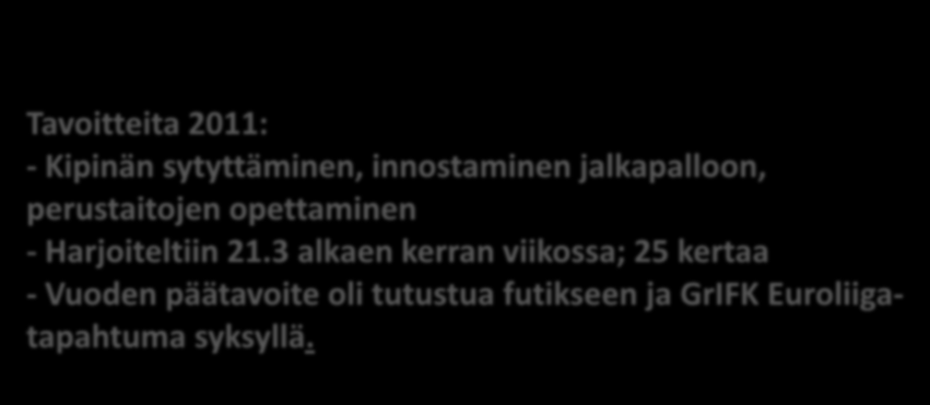 Yhteenveto kaudesta 2011 F5 Gr-2006-60 Pelaajaa 06-07 syntyneitä : 55 poikaa, 5 tyttöä. 2007 syntyneitä 13 - Aktiivisia n.50 ja harjoituksissa 30-40 pelaajaa.