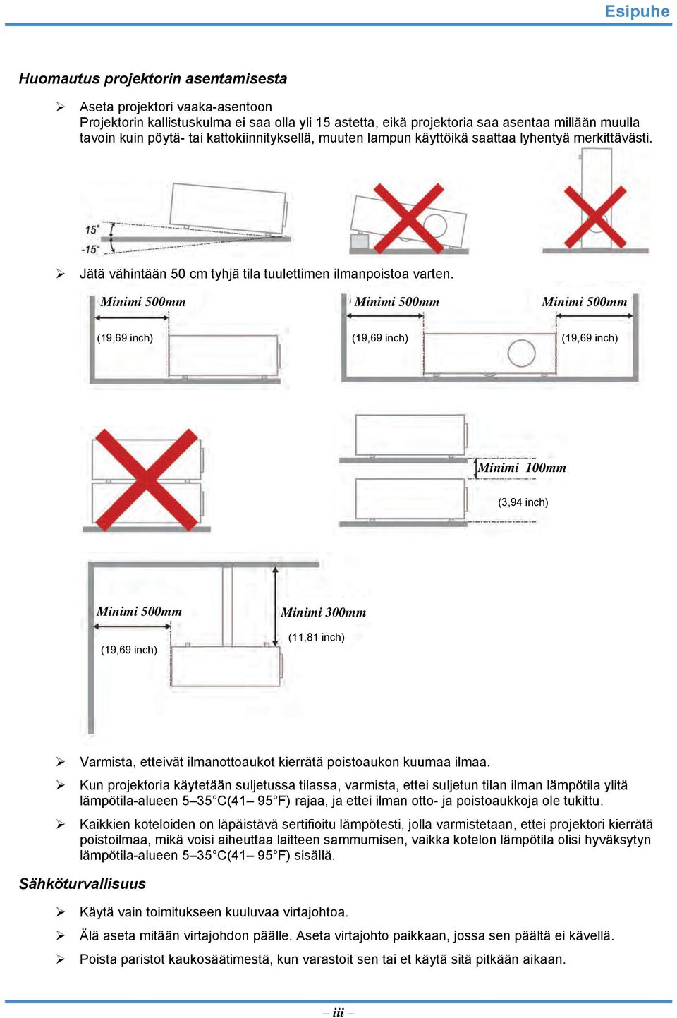 Minimi 500mm Minimi 500mm Minimi 500mm (19,69 inch) (19,69 inch) (19,69 inch) Minimi 100mm (3,94 (10 inch) cm) Minimi 500mm (19,69 inch) Minimi 300mm (30,00 cm) (11,81 inch) Varmista, etteivät