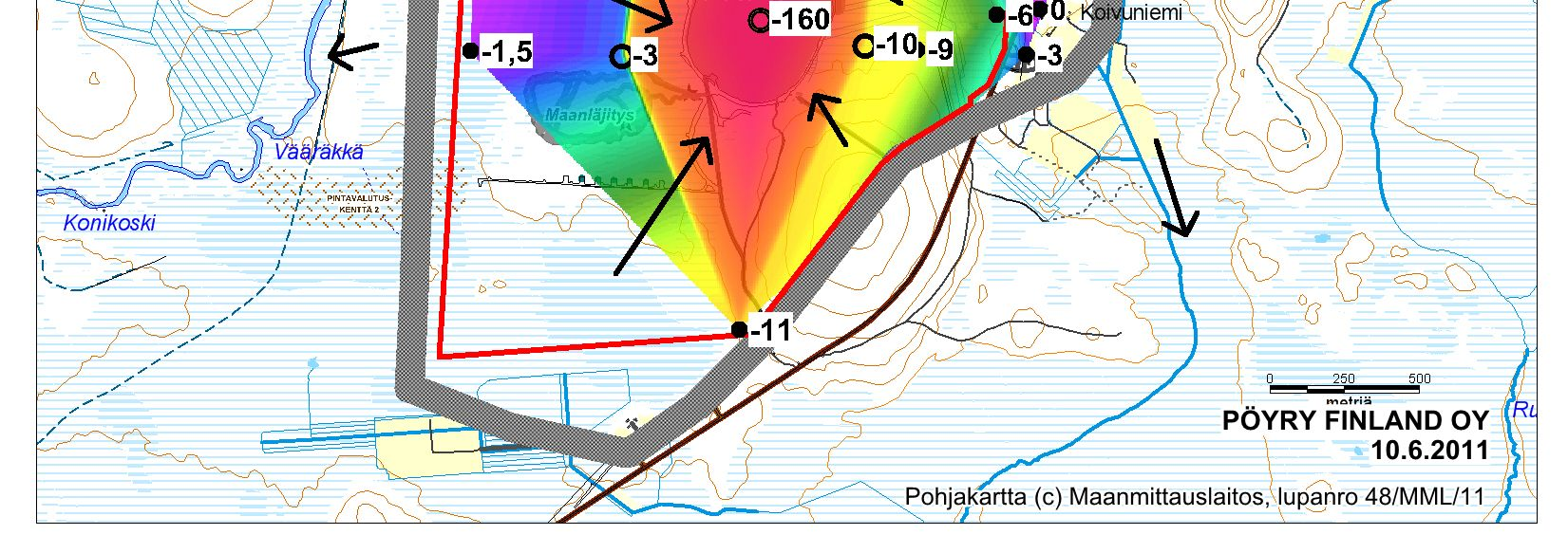 180(246) Kuva 51. Arvio pohjavesipintojen alenemasta tilanteessa, jolloin avolouhoksen pohja on -160 m.