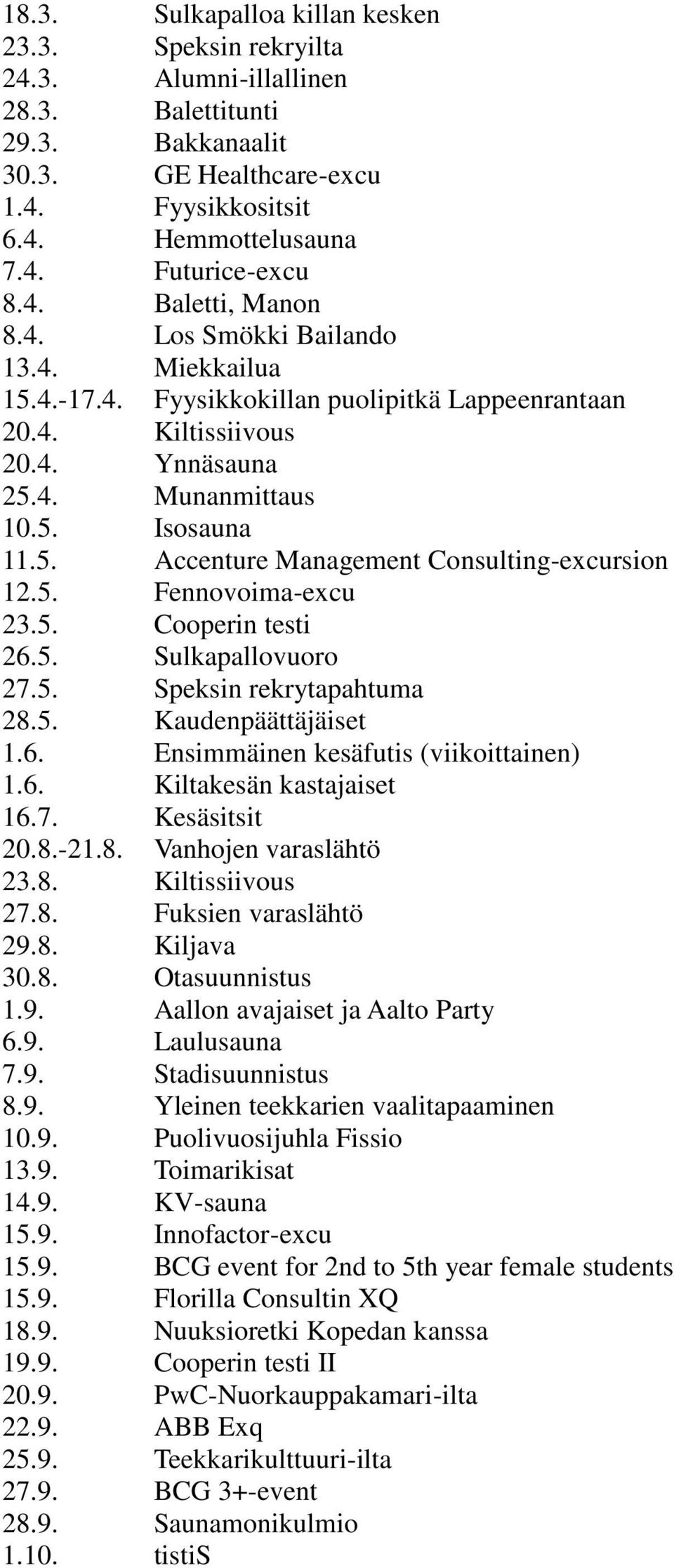 5. Fennovoima-excu 23.5. Cooperin testi 26.5. Sulkapallovuoro 27.5. Speksin rekrytapahtuma 28.5. Kaudenpäättäjäiset 1.6. Ensimmäinen kesäfutis (viikoittainen) 1.6. Kiltakesän kastajaiset 16.7. Kesäsitsit 20.