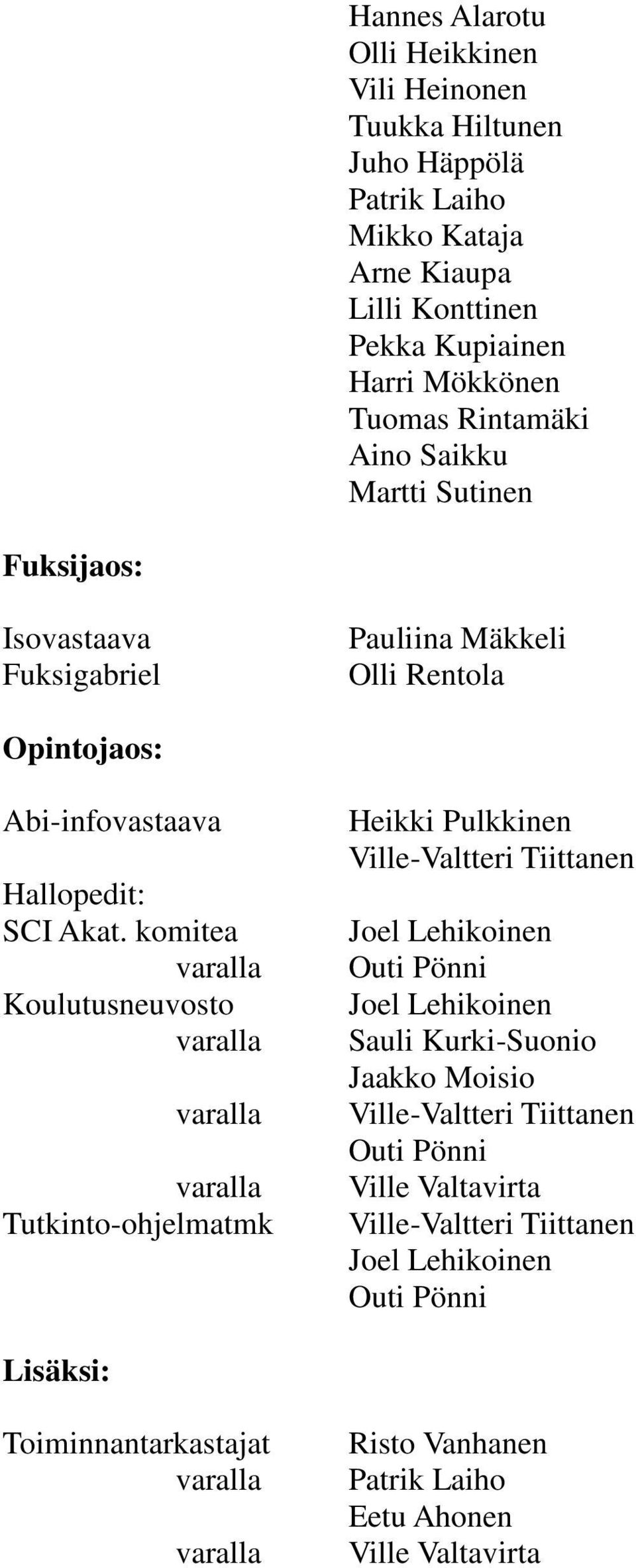 komitea varalla Koulutusneuvosto varalla varalla varalla Tutkinto-ohjelmatmk Heikki Pulkkinen Ville-Valtteri Tiittanen Joel Lehikoinen Outi Pönni Joel Lehikoinen Sauli Kurki-Suonio