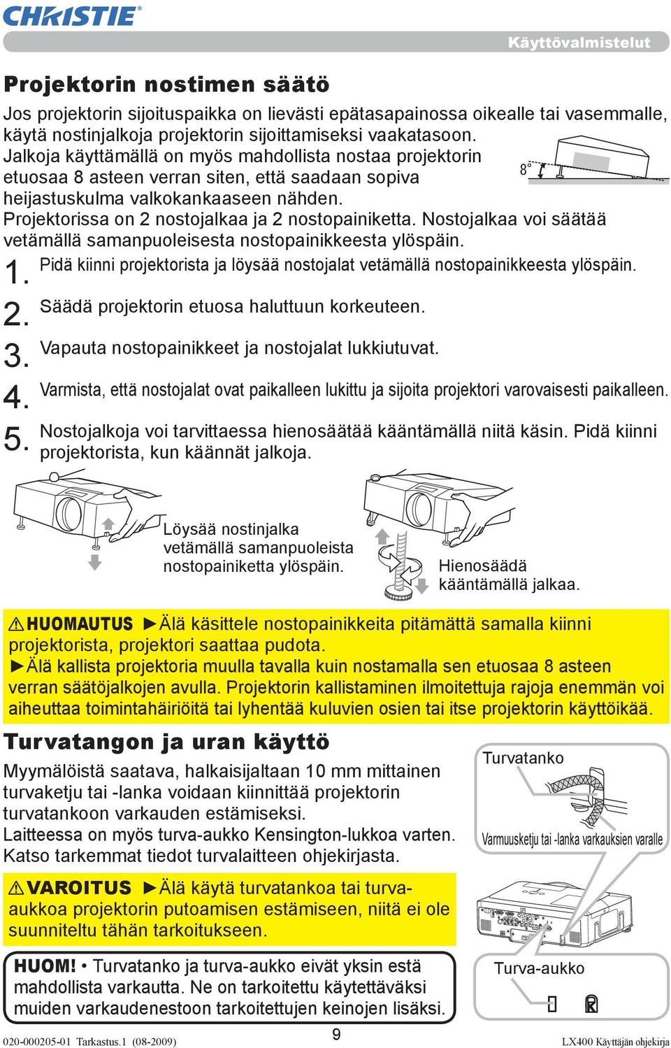 Projektorissa on 2 nostojalkaa ja 2 nostopainiketta. Nostojalkaa voi säätää vetämällä samanpuoleisesta nostopainikkeesta ylöspäin.