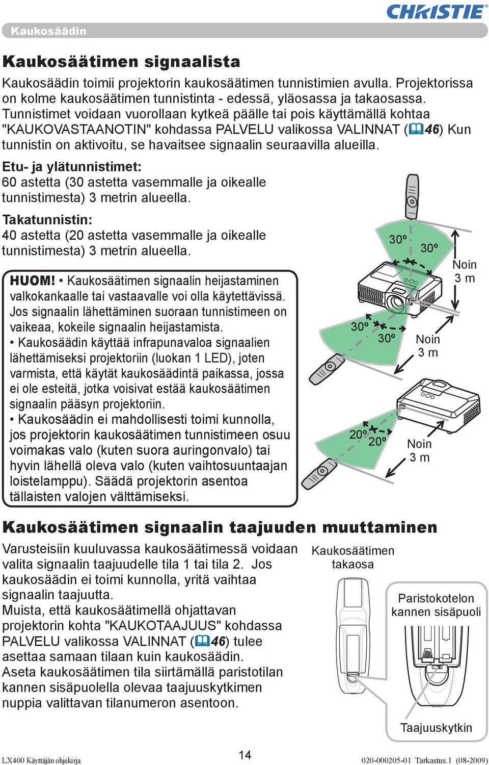 alueilla. Etu- ja ylätunnistimet: 60 astetta (30 astetta vasemmalle ja oikealle tunnistimesta) 3 metrin alueella.