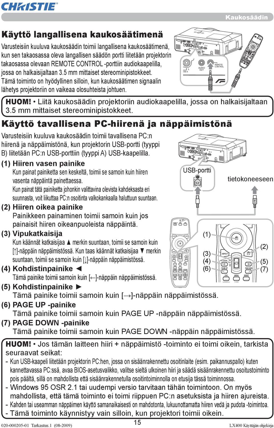 takaosassa olevaan REMOTE CONTROL -porttiin audiokaapelilla, jossa on halkaisijaltaan 3.5 mm mittaiset stereominipistokkeet.