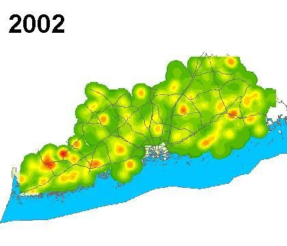 Visualisointi: aikasarjat Hirvitiheysaineistoja vuosilta 2001, 2002, 2003 kaksidimensioisina tiheyskarttoina Väriskaala punaisesta (korkea tiheys), oranssi,