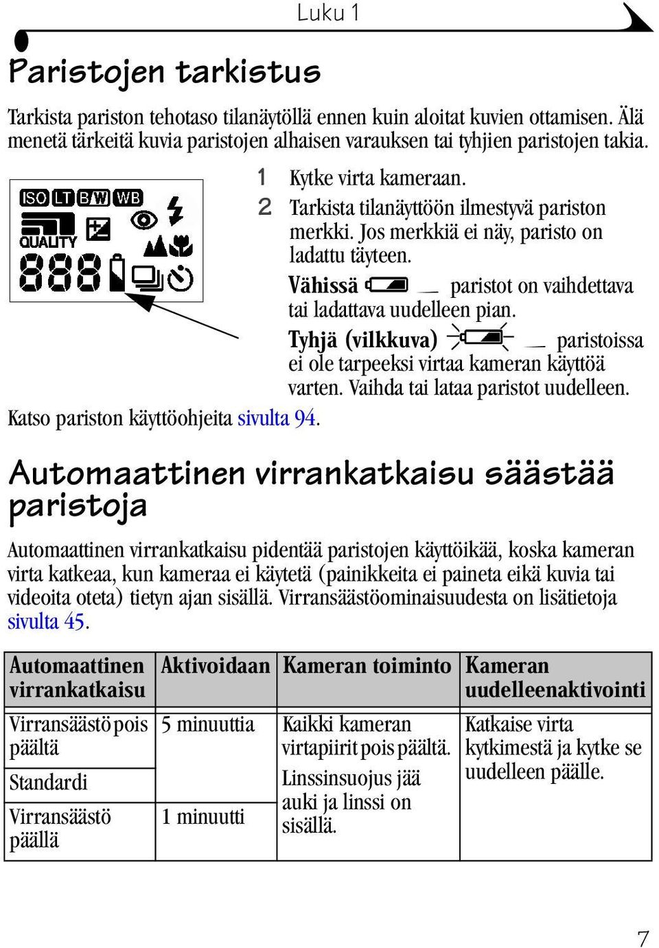 Tyhjä (vilkkuva) paristoissa ei ole tarpeeksi virtaa kameran käyttöä varten. Vaihda tai lataa paristot uudelleen. Katso pariston käyttöohjeita sivulta 94.