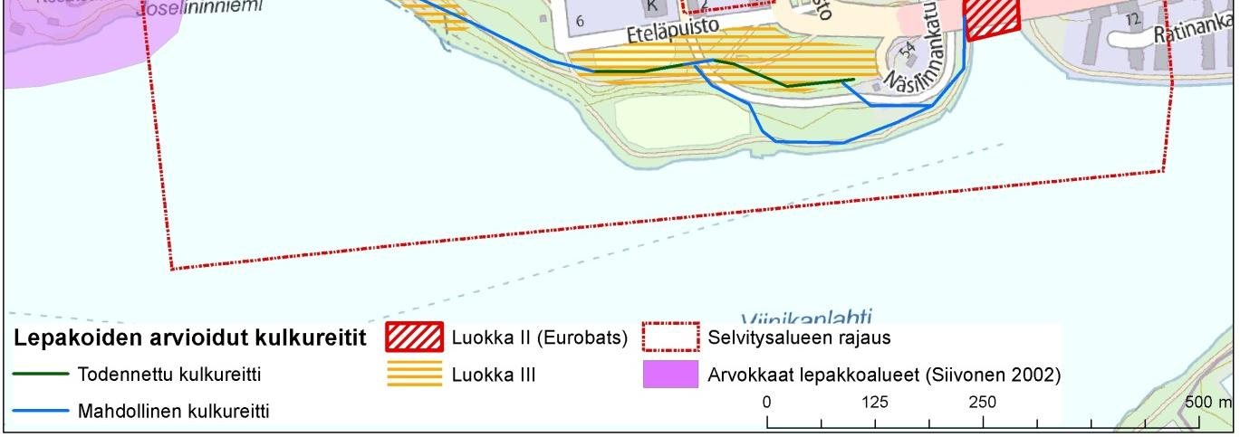 15 Kuva 14. Lepakoiden kannalta merkittävimmät alueet ja kulkureitit. 5.3.1 Luokan I alueet Alueella ei havaittu varmuudella luokkaan I kuuluvia alueita.