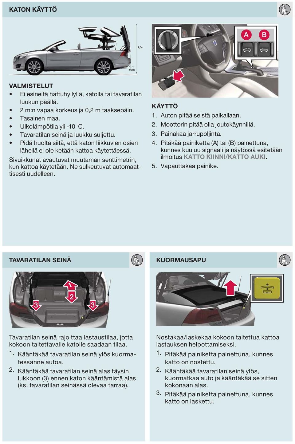 Ne sulkeutuvat automaattisesti uudelleen. KÄYTTÖ 1. uton pitää seistä paikallaan. 2. Moottorin pitää olla joutokäynnillä. 3. Painakaa jarrupoljinta. 4.