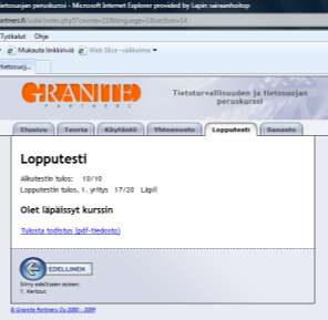 7 Lopputesti Käytyäsi ohjelman läpi, lopussa on lopputesti, joka kertoo miten olet omaksunut lukemasi tiedon. Lopputestiin on kerätty kysymyksiä kaikista oppimisympäristössä olleista aiheista.