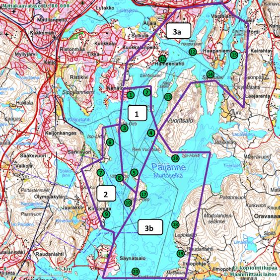 6 Kuva 2. Siikakalojen poikaspyyntien osa-alueet 1, 2, 3a ja 3b sekä näyteruudut 1-2 (vihreät ympyrät).