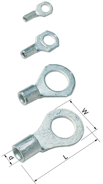 Eristämättömät liittimet 0,20-10 ² ja niihin kuuluvat työkalut ² Rengaskaapelikengät 0,25-6 ² Tiedot: Cu 99,95 %, tinattu Cu/Sn, kovajuotettu kaula. Luettelonro S-nro Ruuvi W d t L s Kpl/ pak.