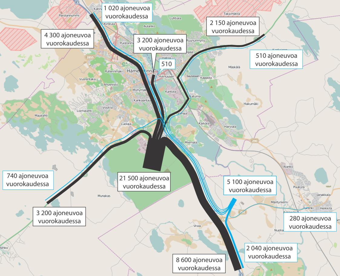 Moreenin alueelta itään suuntautuu ennusteen mukaan vuoden 2030 tilanteessa siis yhteensä 2 100-2 910 ajoneuvoa vuorokaudessa, joista 300-450 olisi raskaita.