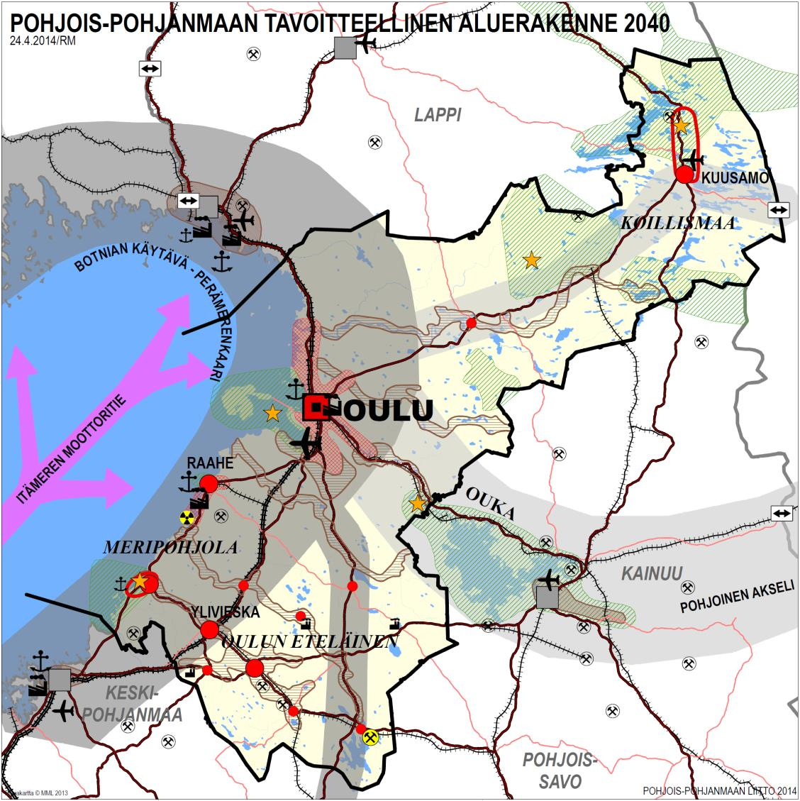 Oulun kaupunkiseutu on kansainvälinen keskus ja sitä täydentävät laajempaa asukaspohjaa palvelevat keskukset, joissa on julkisia ja yksityisiä palveluita. Kuntakeskukset täydentävät palveluvarustusta.