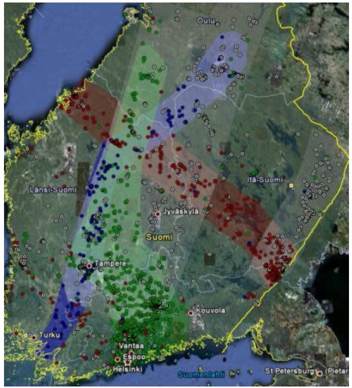 ENERGIAMARKKINAVIRASTO 29 Kuva 15 Myrskyjen kulkureitit ja vaikutusalueet: Asta punaisella, Veera valkoisella, Lahja sinisellä ja Sylvi vihreällä (www.myrskyvaroitus.