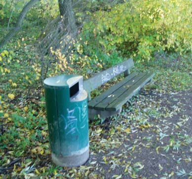 5.1.2. Rakenteet, kalusteet ja varusteet Roska-astiat ovat kuluneita ja paikoitellen ruostuneita. Penkit ovat vanhoja ja huonokuntoisia. Esteettömyysvaatimuksia ei penkeissä ole huomioitu.
