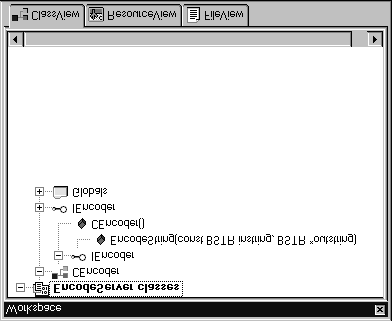 Luku 9 COM-komponenttien luominen 387 Kuva 9.8 IEncoder-rajapinnan metodit avattuna ClassViewissä 4. Kaksoisnapauta CEncoder-luokan IEncoder-rajapinnan alla olevaa EncodeString()-metodia.