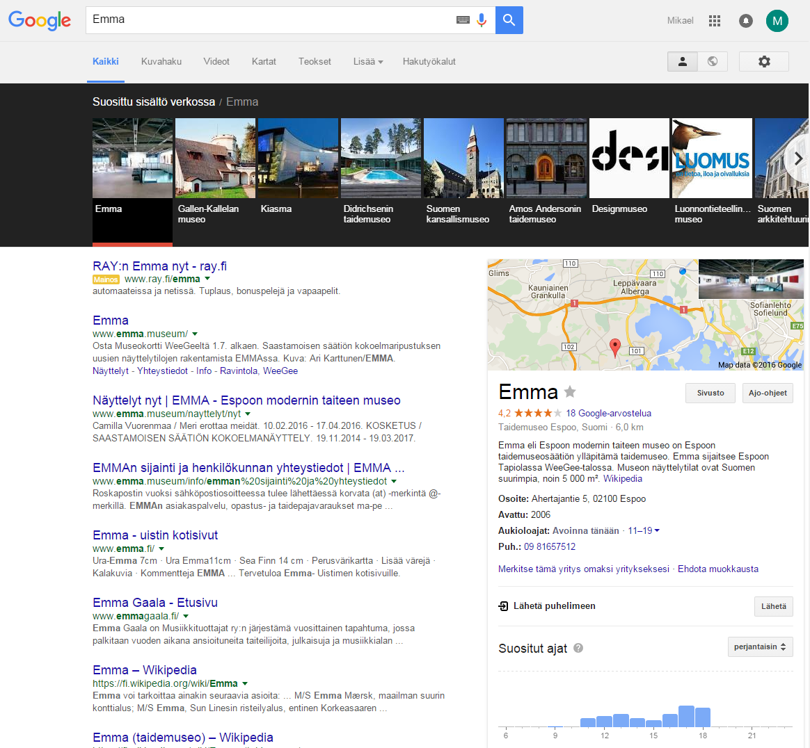 4 Kuva 2. Googlen hakutulossivu. Hakusanoilla Espoo museot aloitettu haku, josta on Suosittu sisältö verkossa -osiosta valittu Emma.