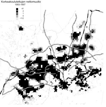 Kuva 5. Korkeakoulukoulutuksen saaneiden nettomuutto pääkaupunkiseudulla 1987 1997 Aineisto: Tilastokeskus alueilla jäi joka vuosi suurempi osa työllisistä vaille työtä kuin Helsingissä keskimäärin.