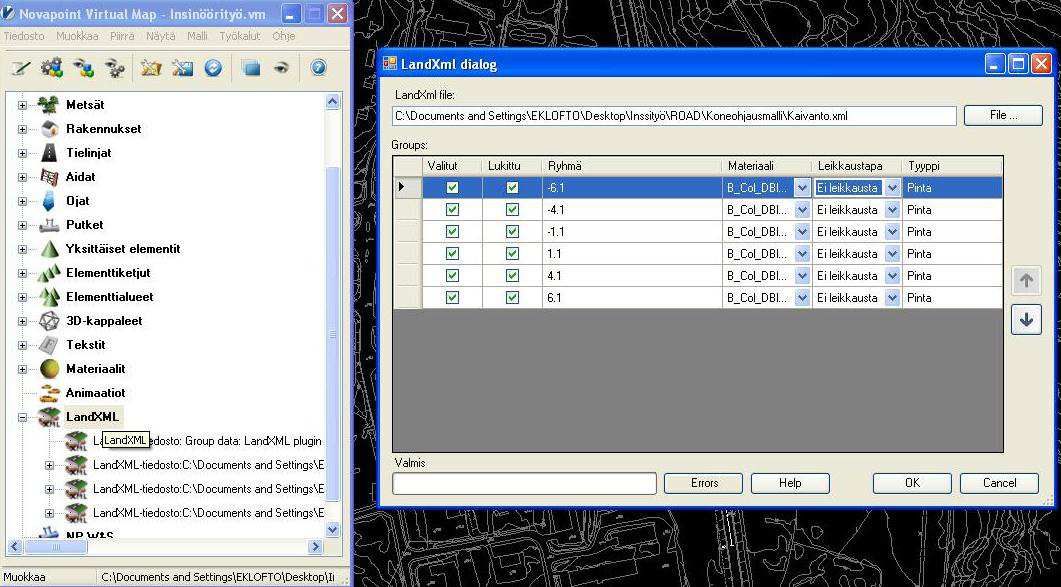 35 tarkastella LandXML-siirtotiedostoja on piirtää ne dwg-kuvaan Novapointin Base - moduulilla. Kuva 25.