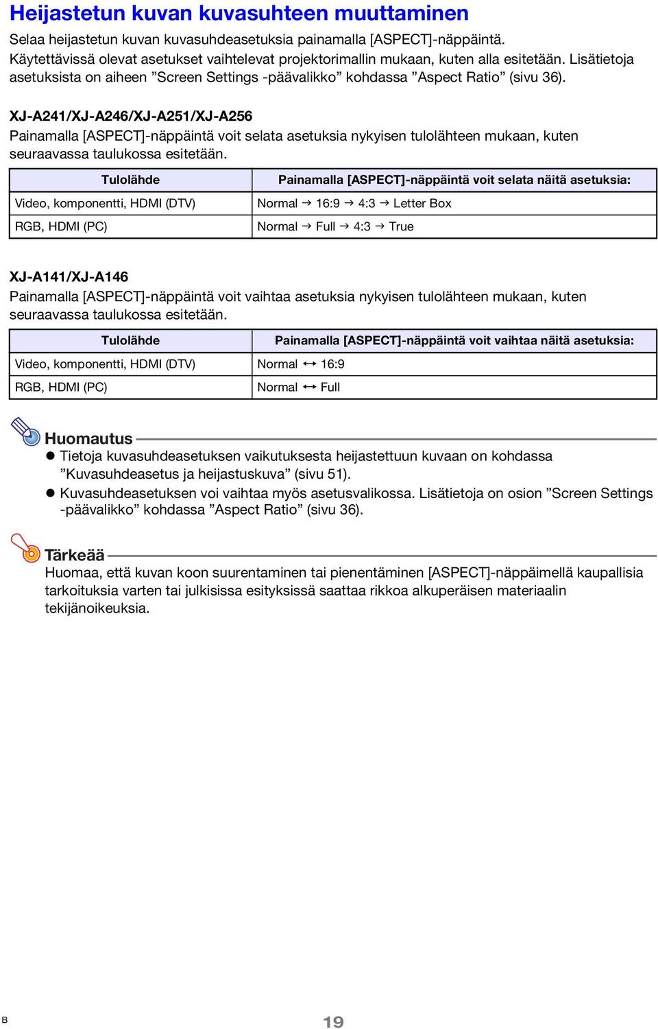 XJ-A241/XJ-A246/XJ-A251/XJ-A256 Painamalla [ASPECT]-näppäintä voit selata asetuksia nykyisen tulolähteen mukaan, kuten seuraavassa taulukossa esitetään.