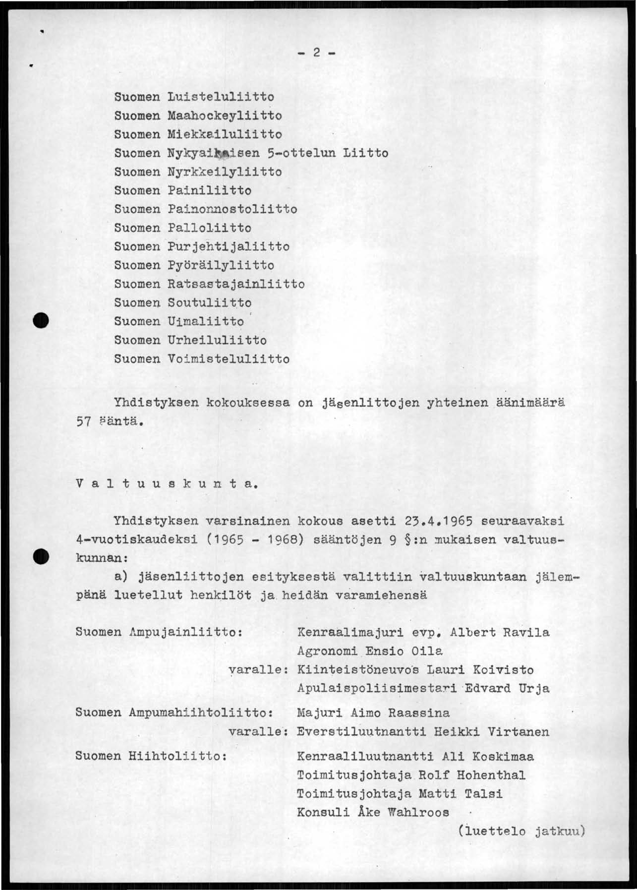 .. - 2 - Suomen Luisteluliitto Suomen Maahockeyliitto Suomen Miekkailuliitto Suomen Nykyai isen 5-ottelun Liitto Suomen Nyrk~eilyliitto Suomen Painiliitto Suomen Painor~ostoliitto Suomen Palloliitto