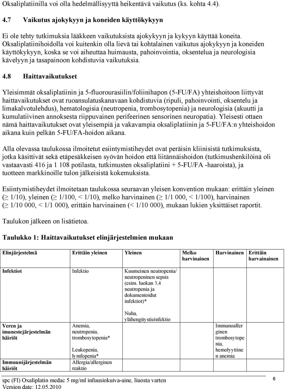 Oksaliplatiinihoidolla voi kuitenkin olla lievä tai kohtalainen vaikutus ajokykyyn ja koneiden käyttökykyyn, koska se voi aiheuttaa huimausta, pahoinvointia, oksentelua ja neurologisia kävelyyn ja