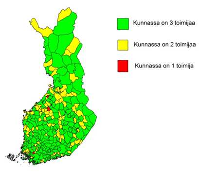 15 (26) Kolmessa Manner-Suomen kunnassa on vain yhden toimijan (Posti Oy) palvelupiste, joskin kyseisillä kunnilla on kuitenkin rajanaapurina ainakin yksi kunta, josta löytyy kolme eri toimijaa.