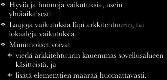 Ymmärrys sovellusalueesta Ominaisuudet ja laatuattribuutit Tarve ymmärtää sovellusalue sovellusaluemallinnus arkkitehtuuri yhteiset käsitteet, määritelmät, yhteinen kuva järjestelmästä helpottavat