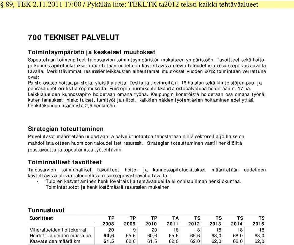 ympäristöön. Tavoitteet sekä hoitoja kunnossapitoluokitukset määritetään uudelleen käytettävissä olevia taloudellisia resursseja vastaavalla tavalla.