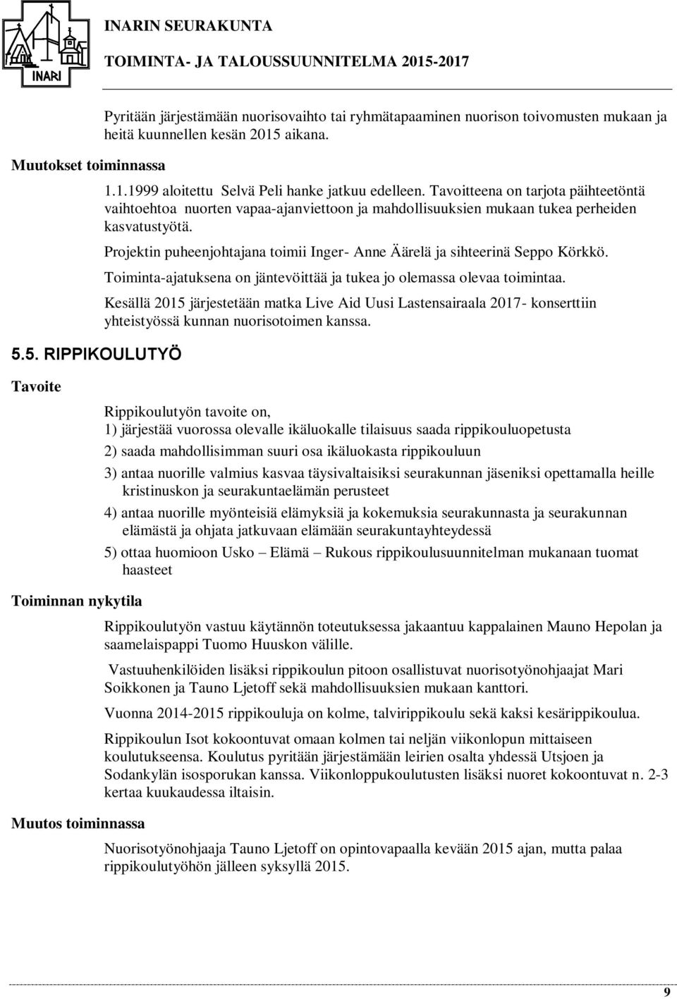 Projektin puheenjohtajana toimii Inger- Anne Äärelä ja sihteerinä Seppo Körkkö. Toiminta-ajatuksena on jäntevöittää ja tukea jo olemassa olevaa toimintaa.