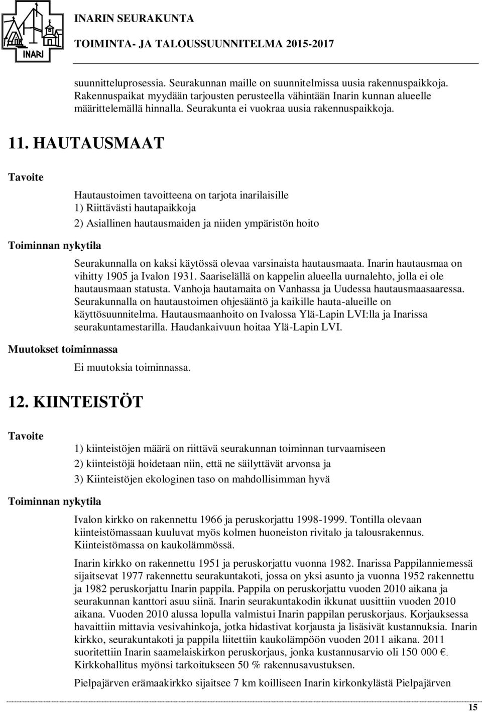 HAUTAUSMAAT Tavoite Hautaustoimen tavoitteena on tarjota inarilaisille 1) Riittävästi hautapaikkoja 2) Asiallinen hautausmaiden ja niiden ympäristön hoito Toiminnan nykytila Muutokset toiminnassa