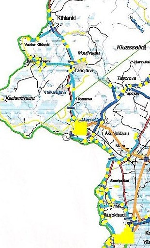 68 rin matkan itään Nuottajoen seudulle. Nuottajoelta johto suuntaa sitten kohti etelää noin 3,5 kilometriä Nuottavaaraan, erottimelle E4654. Erottimelta lähtee 3 kilometrin haara itään.