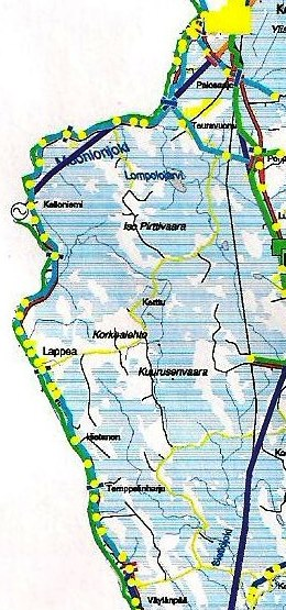 70 Kuva 29. Kolarin aseman lähtö 10. (Tornionlaakson Sähkö Oy) Lähdön 10 ilmajohto näkyy (kuva 29) vaaleansinisellä viivalla.