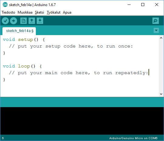 Vilkutetaan ensin yhtä lediä Avaa Arduino-ohjelma tietokoneelle. Ohjelman tunnistat kuvakkeesta Ohjelmointiympäristö aukeaa: Ohjelmassa on kaksi lohkoa setup ja loop.