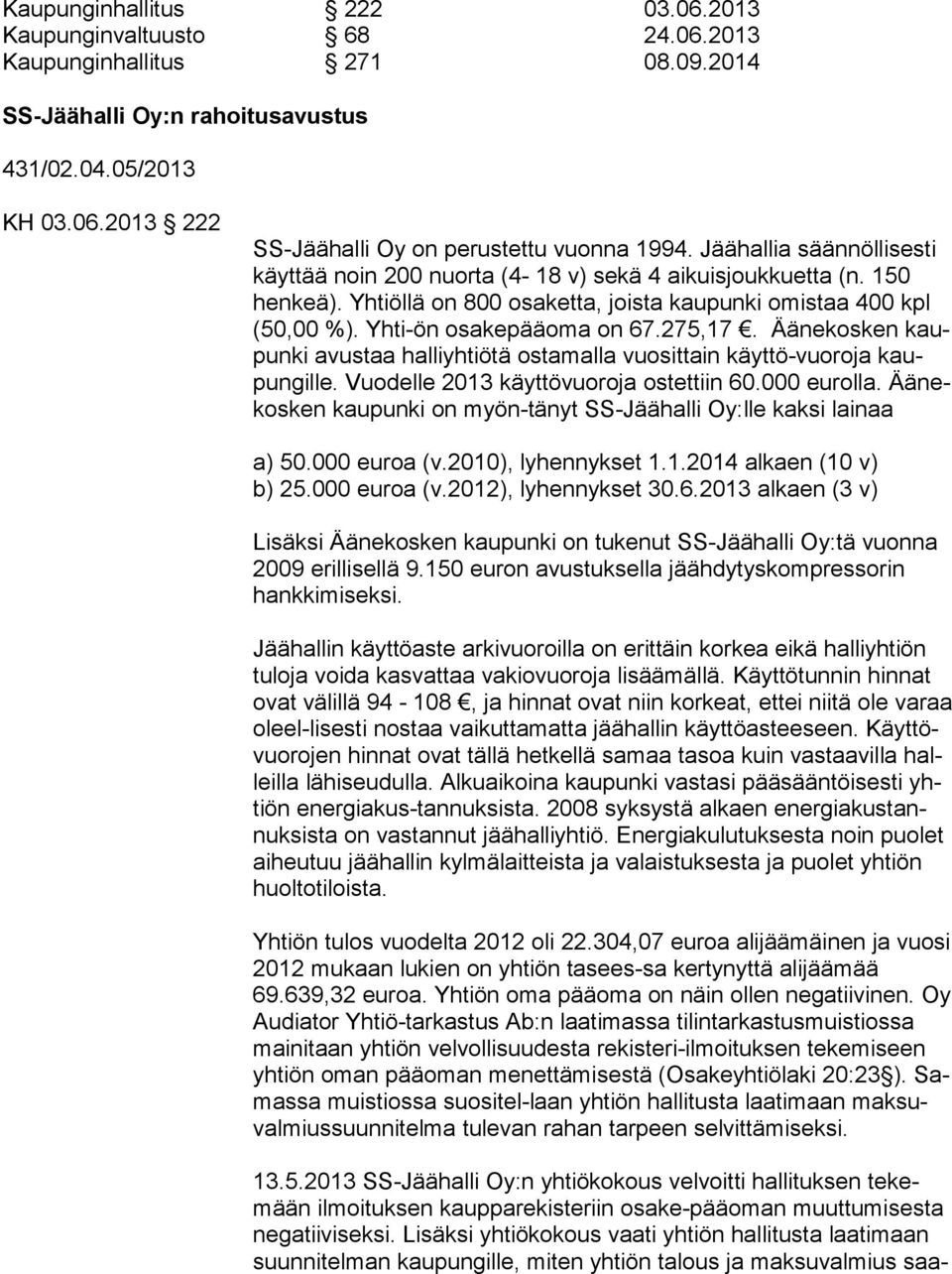 275,17. Äänekosken kaupunki avustaa halliyhtiötä ostamalla vuosittain käyttö-vuoroja kaupungille. Vuodelle 2013 käyttövuoroja ostettiin 60.000 eurolla.