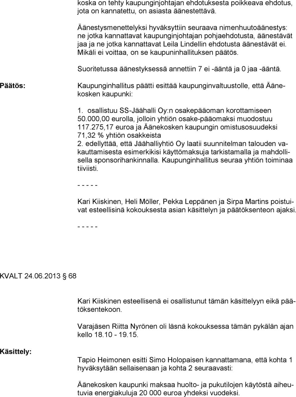 Mi käli ei voittaa, on se kaupuninhallituksen päätös. Suoritetussa äänestyksessä annettiin 7 ei -ääntä ja 0 jaa -ääntä.